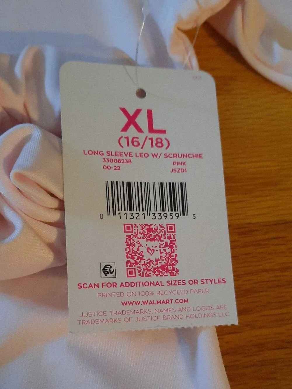 XL Justice Light Pink Long Sleeve Bandeau Leotard & Scrunchie 16 - 18 Gym Dance